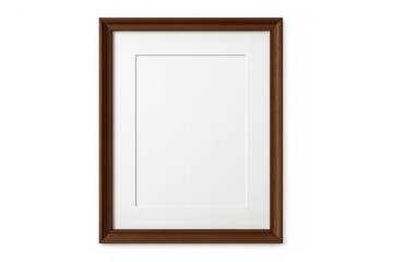 Empty brown wood picture frame with a classic white mat ready for your design on a transparent background