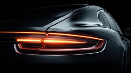 Sleek black sports car with striking rear lights showcased against a dark background in a studio setting emphasizing its design