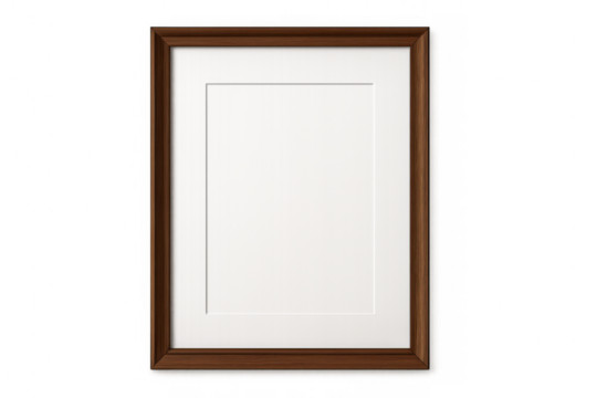 Empty brown wood picture frame with a classic white mat ready for your design on a transparent background