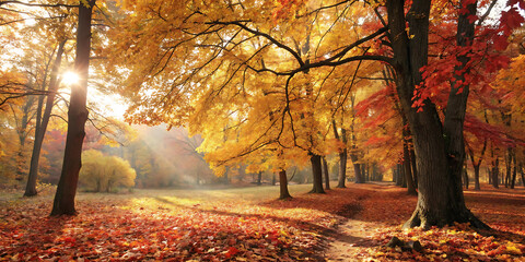 Autumn forest landscape with colorful yellow, orange, and red foliage on trees along a park path