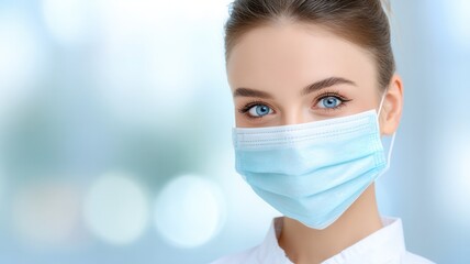 Young female doctor is wearing a medical mask and white coat while smiling the viewer a environment in clinic