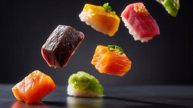 Various types of traditional japanese sushi and sashimi pieces floating a black showcasing fresh ingredients background,