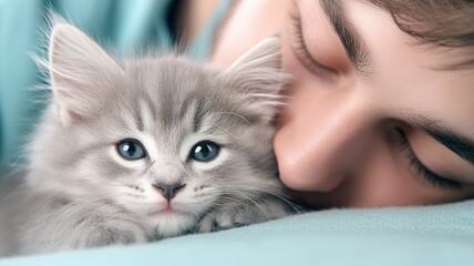 Young man tenderly cradling a fluffy kitten, fostering a moment comfort closeness