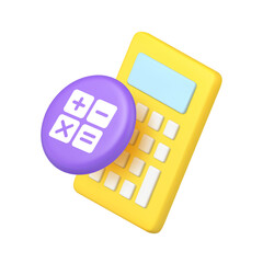 Financial calculation accounting and mathematics concept with calculator and arithmetic symbols for business finance applications. Modern 3d icon realistic vector illustration