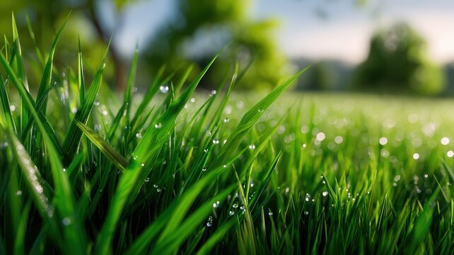 Green grass blades are covered in fresh morning dew drops, shimmering in soft sunlight, scene nature a creating tranquil