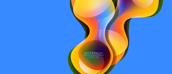 Abstract colorful shapes overlap, creating dynamic visual effect. Bright hues contrast against blue backdrop. Modern design element.