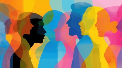 Overlapping profiles of men and women create an abstract representation of diverse communicating, collaborating individuals connecting,