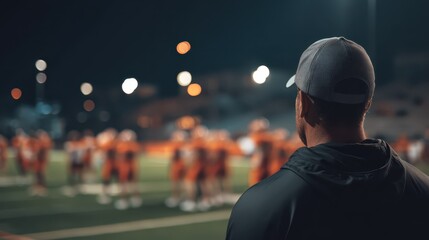 Football coach observes players practicing under stadium lights at night in a local sports field setting