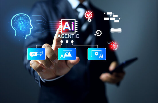 ai agents concept with businessman pointing on artificial intelligence agentic technology on info graphic to operate for help in business data analytic
