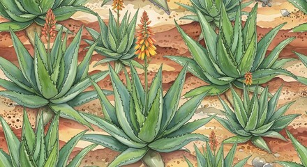 Fototapeta premium A seamless pattern of hand-drawn aloe vera succulent plants with orange blossoms on a sandy background