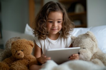 Young caucasian girl with tablet surrounded by teddy bears on bed