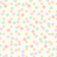 パステル小花シームレスパターンのデザインペーパー ー 淡いクリーム地にピンク・ミント・イエローの小花が散るデザインペーパー。マスキングシールブックタイプ、マスキングテープ、フレークシール、メッセージカード、手帳デコ素材、包装紙、紙袋に最適。ハンカチ、ミニタオル、箸、マグカップ、皿、キッチンクロス、キッチン雑貨にも。