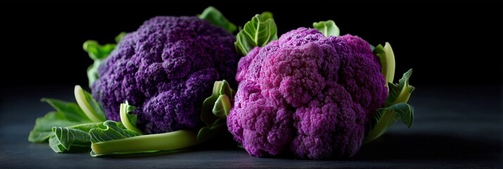 Vibrant purple and pink cauliflower varieties with fresh green leaves on dark background