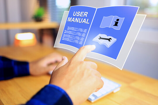 user manual concept with a man pointing on virtual document to open and study products operation guide how to installation and use or information from e-book