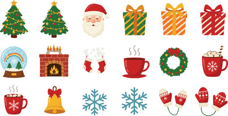 Christmas holiday illustration set with Santa Claus, trees, gifts, snow globe, fireplace, stockings, mugs, wreath, bell, snowflakes, mittens