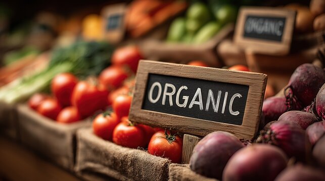 Fresh organic vegetables displayed at a vibrant market stall, featuring ripe tomatoes, colorful peppers, and leafy greens, promoting healthy eating and sustainable agriculture