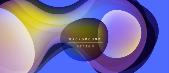 Abstract flowing shapes, vibrant colors, modern design. Gradient layers create dynamic visual effect. Background features text elements.