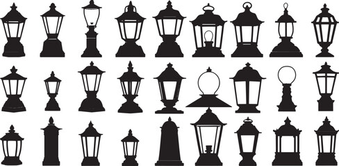 Vintage street lantern silhouettes set with classic old town lamp designs, black retro lighting icons