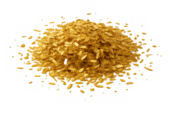 Pile of golden cereal bran flakes and scattered oat grains, capturing healthy breakfast food on transparent background