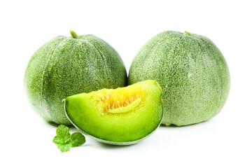 Fresh Green Shandong Melons with Slice on White Background - Healthy Organic Fruit Still Life Photography