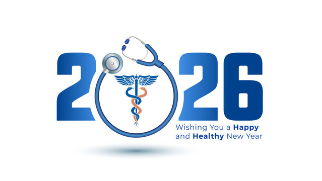 2026, Happy and healthy new year card design with medical care and doctor stethoscope.