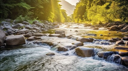 landscape, mountain forest, rushing river, sunlight streaming through trees, rocks in river, lush greenery, scenic, cinematic, digital art, photorealistic
