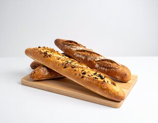Fresh baguettes on board, crusty, golden, white background