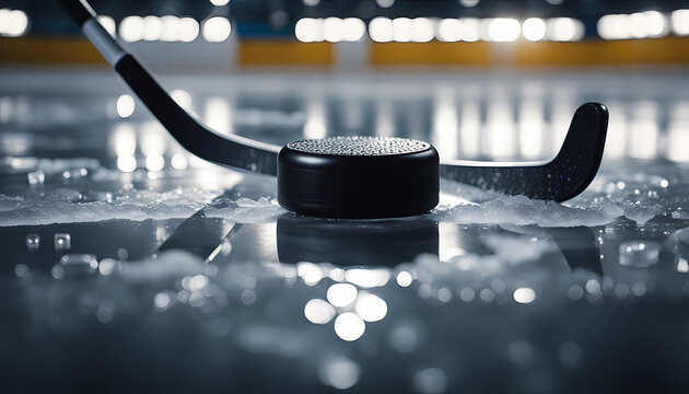 Hockey puck on ice rink ready for game action during evening match Generative AI