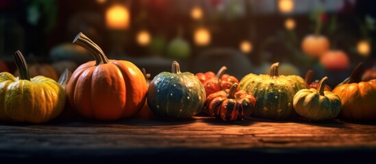 pumpkins, autumn harvest, rustic wooden table, orange and green tones, warm lighting, cozy fall atmosphere, rich textures, spooky yet inviting, seasonal decor, natural elements, blurred background

