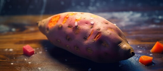 sweet potato, close-up, warm hues, rustic surface, kitchen ingredients, culinary backdrop, cozy atmosphere, natural lighting, food photography, autumn harvest
