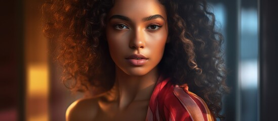 dark-haired woman, curly hair, brown eyes, red dress, dramatic lighting, mysterious expression, moody, cinematic, portrait
