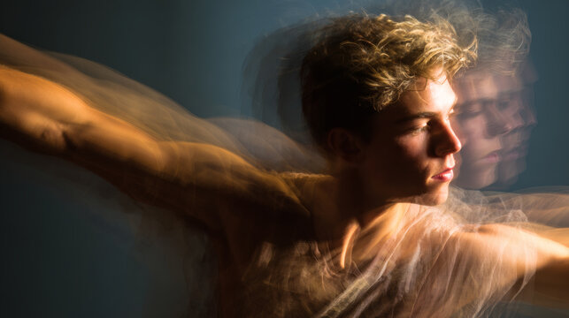 Young man moving through time and space, concept of dynamism and ethereal motion