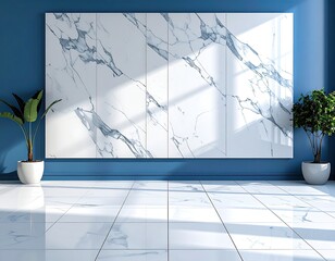 Blue room w/ marble panel, plants, light and tiled floor