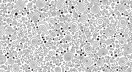 Abstract seamless doodle pattern vector background with swirling lines and organic elements in black and white