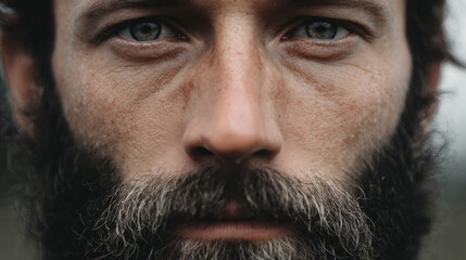 Obraz premium Man with intense eyes and rugged beard looking directly forward, serious expression