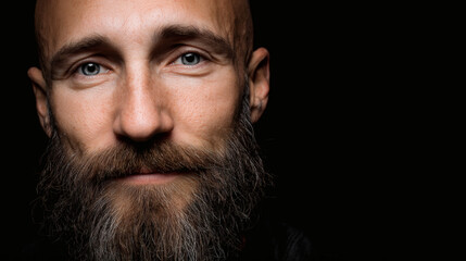 Obraz premium Bald man with beard and blue eyes on black background looking at camera