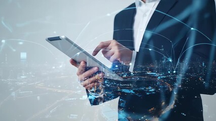 Businessman Using Tablet with Cityscape and Network Overlay technology digital - Powered by Adobe