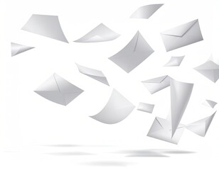 Flying papers, envelopes scattered on a white background