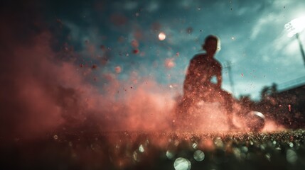 Bright smoke surrounds a young player as they skillfully dribble a soccer ball on the field