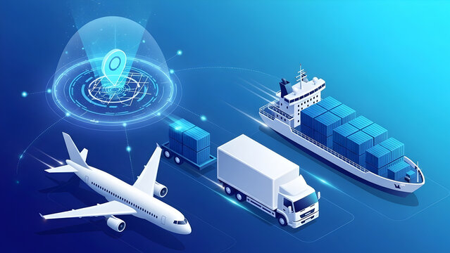 Isometric illustration depicting a global logistics network with an airplane, cargo ship, truck, and train, all connected by a digital network, symbolizing efficient supply chain management