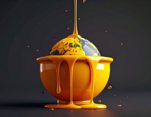 Drizzled world globe in bowl, dripping with thick amber liquid