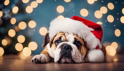 Cute bulldog in a red Christmas hat resting peacefully with festive lights in the background in a cozy indoor setting Generative AI