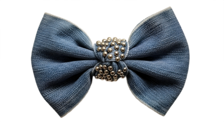 Stylish blue denim bow tie fashion accessory decorated with metallic silver beads isolated PNG with Transparent Background