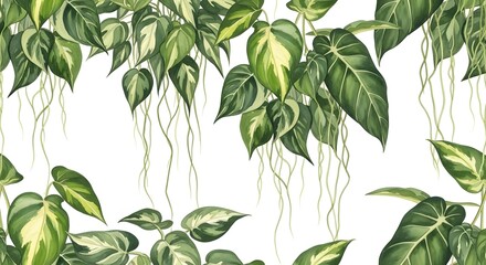 A beautiful watercolor illustration of lush hanging tropical plants and vines creating a seamless botanical border on a white background