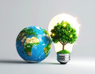Earth beside a lightbulb with tree