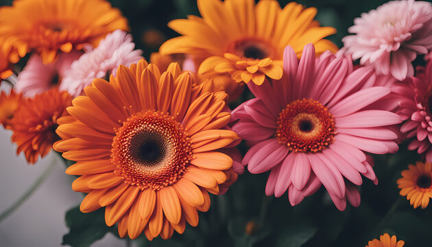 Bright orange and pink flowers arranged beautifully in a decorative display with green leaves in the background Generative AI - Powered by Adobe