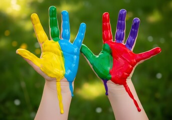 Child's hands covered in vibrant paint against a blurred green background in a playful display of color