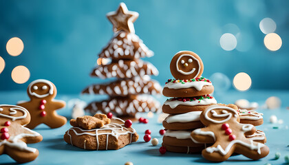 Festive gingerbread cookies decorated with icing and colorful sprinkles arranged with a Christmas tree backdrop Generative AI