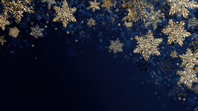 Gold and silver snowflakes falling against a dark blue background create a magical winter scene perfect for holiday festivities - Powered by Adobe