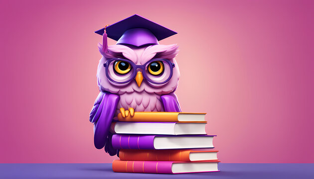 Colorful cartoon owl wearing a graduation cap is perched on stacked books in a vibrant classroom setting Generative AI - Powered by Adobe